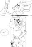  2023 anthro bed belly bernielover blush canid canine clothing comic dialogue disney duo embrace english_text eyes_closed fan_character fox furniture gideon_grey hi_res hug lagomorph leporid male mammal overweight overweight_male pillow rabbit shirt tail tail_motion tailwag text topwear underwear zootopia 