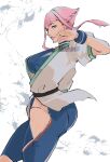  1girl blue_eyes blue_wristband clothing_cutout dougi highres hime_cut hip_vent manon_legrand martial_arts_belt nishinb panty_straps pink_hair short_hair_with_long_locks sidelocks solo spandex street_fighter street_fighter_6 wristband 