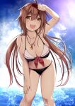  1girl beach bikini breasts brown_eyes brown_hair cleavage day hair_between_eyes hair_flaps hairband highres kantai_collection kuromayu large_breasts long_hair looking_at_viewer low_twintails ocean open_mouth outdoors patterned_clothing red_hairband shiratsuyu_(kancolle) shiratsuyu_kai_ni_(kancolle) sky solo sun sunlight swimsuit twintails water wet whistle whistle_around_neck 