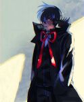  1boy black_coat black_hair black_jack_(character) black_jack_(series) breath coat collared_shirt film_grain hair_over_one_eye hands_in_pockets husagin male_focus multicolored_hair open_mouth red_ribbon ribbon shirt short_hair stitched_face stitches trench_coat two-tone_hair white_hair 