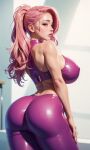  bodysuit breasts hand_on_own_hip highres large_breasts latex latex_bodysuit latex_bra latex_pants non-web_source pink_bodysuit pink_hair ponytail sports_bra 
