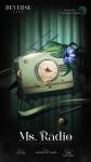  blue_flower character_name commentary copyright_name cursive dark dial english_text eye_of_providence eye_symbol floating flower green_background green_curtains highres leaf logo ms._radio no_humans object_focus official_art radio radio_antenna reverse:1999 shadow spotlight still_life triangle zinnia 