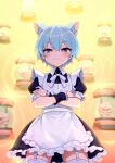  1girl :3 animal_ear_fluff animal_ears apron blue_eyes blue_hair blush brain capsule cat_ears cat_girl closed_mouth crossed_arms fate_(series) garter_straps gate_of_babylon_(fate) hair_between_eyes lolikaku looking_at_viewer maid maid_apron misskey.io murakami-san_(misskey.io) short_hair short_sleeves smug solo standing thighhighs white_thighhighs 