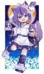  1girl :d absurdres animal_ears asano_yoru asano_yoru_(artist) dress dual_persona fox_ears fox_girl fox_tail full_body full_moon hat highres indie_virtual_youtuber long_sleeves looking_at_viewer mini_person minigirl moon multicolored_hair open_mouth paw_shoes purple_eyes purple_hair short_hair smile streaked_hair tail two-tone_hair virtual_youtuber white_dress 