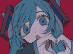  1girl :o blue_eyes blue_hair blue_nails close-up eyelashes hatsune_miku heart heart-shaped_pupils heart_hands highres long_hair looking_at_viewer miku_day minazuki_(0038) nail_polish red_background solo symbol-shaped_pupils twintails very_long_hair vocaloid 