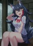  1girl absurdres animal_ear_fluff animal_ears black_hair bra closed_eyes hair_ornament highres hololive kajitsu_no_hito multicolored_hair ookami_mio open_mouth rain red_hair school_uniform see-through shirt sitting skirt smile streaked_hair striped striped_bra underwear wet wet_clothes wet_shirt white_shirt wolf_ears wolf_girl 