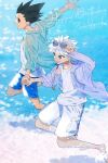  2boys artist_name birthday black_hair blue_eyes brown_eyes character_name dated eyewear_on_head full_body gon_freecss green_jacket happy_birthday highres holding_hands hunter_x_hunter jacket killua_zoldyck long_sleeves male_child male_focus multiple_boys outdoors profile shirt short_hair shorts smile spiked_hair sunglasses tank_top totogaizu white_hair white_jacket white_shirt yaoi 