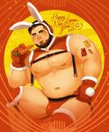  1boy 2023 abs adapted_costume animal_ears arm_tattoo bara bare_pectorals belly blush brown_hair bulge carrot chest_belt chinese_zodiac daisukebear fake_animal_ears feet_out_of_frame fur-trimmed_gloves fur_trim gloves happy_new_year head_tilt highres holding holding_carrot jockstrap large_pectorals looking_at_viewer male_focus male_underwear mature_male muscular muscular_male navel nipples original pectorals plump rabbit_ears red_male_underwear revealing_clothes santa_costume short_hair sitting smile solo stomach tattoo thick_eyebrows thick_thighs thighs underwear year_of_the_rabbit 