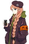  1girl adapted_costume black_bow blue_eyes bow braid brown_headwear can canned_coffee green_hoodie hair_bow hand_in_pocket highres hong_meiling hood hoodie jack_(wkm74959) jacket long_hair one-hour_drawing_challenge red_hair red_jacket sketch solo touhou twin_braids very_long_hair white_background 