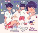  1boy bandaid bandaid_on_face bandaid_on_hand bandaid_on_leg black_hair blush_stickers broken_heart character_name copyright_name english_text gauze gym_uniform health_bar highres kageyama_shigeo male_focus messy_hair mob_psycho_100 multiple_views official_alternate_costume red_shorts shirt shoes short_hair shorts sneakers socks speech_bubble spoken_expression spoken_symbol stats stretching sweat tripping white_footwear white_shirt white_socks x zikko_100 