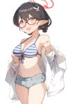  1girl alternate_costume ayane_(blue_archive) ayane_(swimsuit)_(blue_archive) bare_shoulders bikini bikini_top_only black_hair blue_archive blue_bikini braid breasts cleavage collarbone crown_braid denim denim_shorts glasses grey_shorts hair_between_eyes hair_ornament halo halterneck highres jacket looking_at_viewer low_twintails medium_breasts micro_shorts miya_kazutomo navel off_shoulder official_alternate_costume pointy_ears rectangular_eyewear red-framed_eyewear red_halo short_hair short_twintails shorts simple_background solo striped striped_bikini swimsuit thighs twintails white_background white_jacket yellow_eyes 