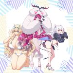  3girls abs antlers baobhan_sith_(fate) baobhan_sith_(swimsuit_pretender)_(fate) bare_shoulders barghest_(fate) barghest_(swimsuit_archer)_(fate) bikini black_bikini black_jacket blonde_hair blush breasts cernunnos_(fate) character_hood cleavage collarbone cropped_jacket dragon_wings fate/grand_order fate_(series) forked_eyebrows full_body green_eyes grey_eyes high_ponytail highres horns huge_breasts jacket kneeling large_breasts long_hair long_sleeves looking_at_viewer melusine_(fate) melusine_(swimsuit_ruler)_(fate) microskirt multicolored_bikini multicolored_clothes multiple_girls navel open_mouth pink_hair platform_footwear platform_heels pointy_ears red_skirt sakura_tsubame sandals shrug_(clothing) sidelocks skirt small_breasts smile swimsuit tail thighlet thighs white_bikini white_hair white_jacket wings yellow_eyes 