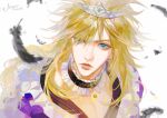  1boy black_choker black_feathers blonde_hair blue_eyes choker cloud_strife commentary crossdressing dated dress english_commentary feathers final_fantasy final_fantasy_vii final_fantasy_vii_remake frilled_choker frilled_dress frills frown furrowed_brow highres jewelry light_frown long_hair male_focus moyna purple_dress signature simple_background solo sparkle tiara upper_body white_background 