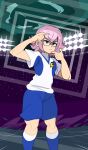  1boy absurdres blue_shirt blue_shorts captain_kirb closed_mouth glasses highres inazuma_eleven_go_galaxy kneehighs light_purple_hair male_focus manabe_jin&#039;ichirou multicolored_shirt shirt shorts soccer_uniform socks solo sportswear standing white_shirt 