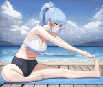  1girl absurdres bare_shoulders barefoot beach blue_eyes blue_hair blue_sky blunt_bangs blush breasts cleavage dolri genshin_impact highres kamisato_ayaka large_breasts legs light_blue_hair long_hair ponytail shore sidelocks sitting sky solo stretching 