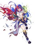  1girl alear_(female)_(fire_emblem) alear_(fire_emblem) armor armored_boots blue_eyes blue_hair boots braid breasts broken_armor cape elbow_pads fire_emblem fire_emblem_engage fire_emblem_heroes full_body gauntlets gloves glowing gold_trim heterochromia highres jewelry knee_boots kousei_horiguchi leg_up long_hair long_sleeves medium_breasts multicolored_hair non-web_source official_art open_mouth pale_skin pelvic_curtain puffy_sleeves red_eyes red_hair scroll shorts skirt solo teeth thighhighs thighs tiara torn_cape torn_clothes torn_gloves 