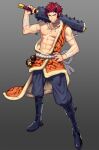  5_fingers abs asian_mythology clothed clothing demon demon_humanoid east_asian_mythology fingers hair hi_res holding_object holding_weapon horn horned_humanoid humanoid humanoid_pointy_ears japanese_mythology lvlv male muscular muscular_humanoid muscular_male mythology not_furry oni red_hair solo weapon yokai 