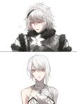  1boy 1girl absurdres armor armored_gloves bandaged_arm bandaged_neck bandages blue_eyes blush breasts chinese_commentary collarbone commentary crossed_bangs embarrassed flower fur-trimmed_armor fur_trim grey_armor halterneck highres holding holding_flower incoming_gift kaine_(nier) leather_armor lunar_tear medium_hair nier nier_(series) nier_(young) portrait short_hair shuangtang_shuimu single_bare_shoulder spiked_hair straight-on surprised swept_bangs white_background white_flower white_hair yellow_eyes 