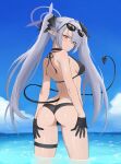  1girl arms_behind_back ass bikini black_bikini black_gloves black_ribbon blue_archive blush breasts butt_crack cowboy_shot demon_girl demon_tail eyewear_on_head fangs_(fangs_art) from_behind frown gloves hair_over_one_eye hair_ribbon half-closed_eyes halo hands_on_own_thighs highres iori_(blue_archive) iori_(swimsuit)_(blue_archive) long_hair looking_at_viewer looking_back ocean outdoors ribbon sideboob slit_pupils small_breasts solo staring sunglasses swimsuit tail thigh_strap thighs twintails very_long_hair wading wet wet_bikini wet_clothes 