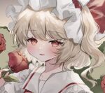  1girl :d blonde_hair blush fang flandre_scarlet flower hat holding holding_flower light_smile mob_cap one_side_up portrait red_eyes red_flower red_rose rose skin_fang smile solo sorani_(kaeru0768) swept_bangs touhou unfinished white_headwear wings 