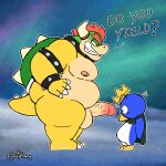  anthro avian balls bird bowser bracelet collar dominant dominant_male duo genitals hi_res horn jewelry koopa male mario_bros moobs nintendo nipples penguin penguin_(mario) penguin_king_(mario) penis roostermon scalie slightly_chubby spiked_bracelet spiked_collar spikes surprised_expression tail text thick_thighs 