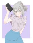  1girl arm_behind_back blush breasts casual cellphone dungeon_ni_deai_wo_motomeru_no_wa_machigatteiru_darou_ka frilled_shirt frills grey_eyes grey_hair highres looking_at_viewer medium_breasts pencil_skirt phone ponytail pout sasamoto_(7msaaxt6qto3joj) shirt simple_background skirt smartphone solo syr_flover 