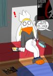  absurd_res anthro balls bedroom blush caught_masturbating clothing generation_8_pokemon genitals hi_res lagomorph leporid male mammal masturbation mr_fuwa nintendo paws penis phone pokemon pokemon_(species) poster rabbit raboot speech_bubble surprised_expression tissue_box underwear 