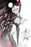  1boy alucard_(hellsing) artist_name black_hair extra_eyes hellsing highres lay_lo limited_palette long_hair looking_at_viewer male_focus nipples parted_lips red-tinted_eyewear red_eyes round_eyewear sharp_teeth smile smiley_face solo spot_color teeth tinted_eyewear 