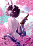  1girl back bob_cut bottle breasts cherry_blossoms eyeliner fate/grand_order fate_(series) highres horns japanese_clothes kimono long_sleeves looking_at_viewer looking_back makeup naked_kimono nekomimipunks nipples off_shoulder oni oni_horns petals purple_eyes purple_hair purple_kimono sake_bottle short_hair shuten_douji_(fate) skin-covered_horns small_breasts smile solo wide_sleeves 