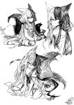  1girl :d absurdres alice_mana animal_ear_fluff animal_ears bare_shoulders collarbone fang fox_ears fox_girl fox_tail greyscale hair_between_eyes highres indie_virtual_youtuber long_hair looking_at_viewer low_twintails monochrome multicolored_hair multiple_views off-shoulder_shirt off_shoulder parted_lips raeee shadow shirt shoes signature simple_background sitting smile tail thighhighs twintails two-tone_hair very_long_hair virtual_youtuber wariza white_background 
