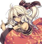  1girl artist_name bare_shoulders breasts cleavage closed_mouth curly_hair detached_collar eyelashes floral_print hair_ribbon holding holding_sword holding_weapon japanese_clothes kimono light_brown_hair long_hair looking_at_viewer moriyama_bird musashi_masamune_(tenka_hyakken) off_shoulder orange_kimono ponytail purple_eyes ribbon smile solo sword tachi_(weapon) tenka_hyakken upper_body v-shaped_eyebrows weapon white_background 