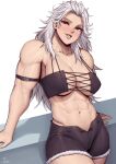  1girl abs absurdres black_shorts breasts dorohedoro highres large_breasts light_blush long_hair looking_at_viewer muscular muscular_female navel noi_(dorohedoro) red_eyes shorts solo speedl00ver white_hair 