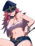  1girl blue_eyes blue_headwear bracelet breasts cleavage final_fight hair_between_eyes hat holding jewelry large_breasts long_hair midriff navel open_fly peaked_cap poison_(final_fight) red_hair smile solo zeon_(zzeeonn) 