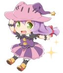  1girl :d black_capelet black_pantyhose blush boots bracelet capelet chibi commentary_request dress full_body green_eyes hair_between_eyes hand_on_headwear hand_up hat hat_ornament jewelry long_hair looking_to_the_side mijumaruko open_mouth pantyhose pico_(rune_factory) purple_dress purple_hair rune_factory rune_factory_4 simple_background smile solo sparkle standing star_(symbol) star_hat_ornament white_background witch_hat 
