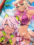  2girls absurdres animal_ears bare_shoulders belly_chain bikini blush breasts chloe_von_einzbern chloe_von_einzbern_(swimsuit_avenger) cleavage collarbone dark_skin eyewear_on_head fate/grand_order fate_(series) fox_ears fox_girl gradient_hair highres jewelry large_breasts long_hair looking_at_viewer multicolored_hair multiple_girls navel open_mouth orange_eyes pink_bikini pink_hair small_breasts smile sunglasses suzuka_gozen_(fate) suzuka_gozen_(swimsuit_rider)_(fate) swimsuit toyosu 