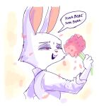  anthro buckteeth clothing comic flower hi_res lagomorph leporid male mammal petals plant rabbit red_eyes renita_reed shirt simple_background smile solo spanish_text teeth text topwear translated white_background white_body 
