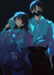  2boys black_background black_hair black_hakama blue_eyes covered_mouth hakama hand_up height_difference highres holding holding_shell japanese_clothes kimono long_sleeves looking_at_viewer looking_to_the_side male_focus mao_(takahashi_rumiko) mask medium_hair mizuchi_(mao) mouth_mask multiple_boys pom_pom_(clothes) roku_(tsua-kihuyu) sasuga_(mao) shell short_hair simple_background smile standing white_kimono 