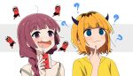  2girls :3 @_@ absurdres alcohol_carton bare_shoulders blonde_hair blue_eyes blush bocchi_the_rock! braid closed_mouth collarbone commentary demon_horns drinking_straw drooling drunk earrings finger_to_own_chin goumonsha highres hime_cut hiroi_kikuri horns jewelry long_hair memcho mouth_drool multiple_girls open_mouth oshi_no_ko purple_eyes purple_hair shadow shirt short_hair spaghetti_strap stud_earrings sweatdrop trait_connection upper_body white_background yellow_shirt 