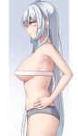  1girl absurdres areola_slip blue_eyes blush breasts closed_mouth cowboy_shot from_side fuyutsuki_(kancolle) grey_hair grey_panties hand_on_own_hip highres kantai_collection kiritto large_breasts long_hair one_eye_closed panties profile solo tape_measure underwear 