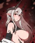  1girl akairiot arknights bare_shoulders black_collar black_sports_bra blush breasts cleavage collar commentary demon_horns earrings english_commentary hair_ornament highres horns infection_monitor_(arknights) jewelry large_breasts long_hair looking_at_viewer mudrock_(arknights) oripathy_lesion_(arknights) pointy_ears red_eyes solo sports_bra sweat sweatdrop very_long_hair white_hair 
