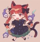  1girl animal_ears black_dress blush_stickers braid cat_ears cat_tail dress extra_ears fang frilled_dress frills full_body kaenbyou_rin long_hair mozukuzu_(manukedori) multiple_tails one_eye_closed open_mouth red_eyes red_hair short_sleeves skull smile solo tail touhou twin_braids two_tails 