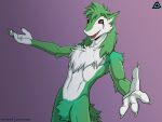  anthro claws digital_media_(artwork) fur green_body green_eyes green_fur hair hi_res looking_at_viewer male mammal offering_hug open_mouth prismanoodle_(artist) red_sclera sergal simple_background smile solo tail teeth tongue white_body white_fur 