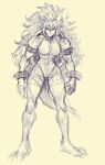 1girl armlet bowsette bracelet claws commentary crossover david_liu dragon_horns dragon_tail english_commentary full_body highres horns jewelry long_hair looking_at_viewer mario_(series) messy_hair monochrome muscular muscular_female parody sketch solo spiked_armlet spiked_bracelet spikes standing style_parody tail vampire_(game) 