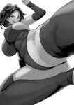  1girl absurdres breasts character_request copyright_request detached_sleeves flying_kick from_below greyscale hair_ornament highleg highleg_leotard highres hotate-chan kicking large_breasts leotard long_hair monochrome open_mouth ponytail smile solo thighhighs thighs 