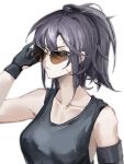  1girl bare_shoulders black_gloves black_hair black_tank_top breasts brown-tinted_eyewear character_request closed_mouth collarbone commentary_request girls&#039;_frontline gloves hair_between_eyes hand_up highres looking_at_viewer luoyuyaoouruola medium_breasts ponytail simple_background solo sunglasses tank_top tinted_eyewear upper_body v-shaped_eyebrows white_background 