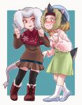  2girls :t absurdres animal_ears big_hair black_hair black_thighhighs blouse blush boots border breasts breasts_apart brown_dress brown_footwear brown_hair capelet closed_mouth dress food food_on_face full_body grey_hair hamadryas_baboon_(kemono_friends) hand_up hands_up hat headband highres holding holding_food index_finger_raised kemono_friends leaning_forward light_brown_hair long_sleeves looking_at_another mandrill_(kemono_friends) medium_hair monkey monkey_ears monkey_girl monkey_tail multicolored_hair multiple_girls nose_blush orange_eyes outside_border parted_lips shirt shoes short_dress socks standing tail thighhighs toriny white_border yellow_eyes zettai_ryouiki 