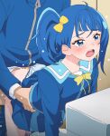  1boy 1girl blue_eyes blue_hair blue_panties blue_shirt blue_skirt blush bow clothed_sex clothing_aside commentary_request doggystyle hair_bow hirogaru_sky!_precure long_sleeves open_mouth panties panties_aside polka_dot polka_dot_panties precure school_uniform sex sex_from_behind shirt short_hair side_ponytail skirt solo_focus sora_harewataru teeth tomu_(tomubobu) torso_grab underwear upper_teeth_only yellow_bow 