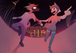  absurd_res amusement_park amusement_ride anthro canid canine carousel clothed_anthro clothing collar detailed_background ekyzde excited female footwear fox gesture glowing glowing_eyes grabbing_partner hi_res kuwsh looking_at_another looking_at_partner machine maffe male mammal neon_lights pointing protogen shoes 