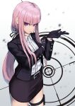  1girl black_gloves black_jacket black_ribbon black_skirt blunt_bangs braid cowboy_shot danganronpa_(series) danganronpa_3_(anime) gloves gradient_background hair_ribbon hands_up jacket kirigiri_kyoko long_hair long_sleeves looking_at_viewer nabe_ken open_clothes open_jacket pencil_skirt ponytail purple_eyes ribbon shirt skirt solo white_background white_shirt 