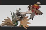  arrow_(projectile) bird commentary_request decidueye eye_contact from_side goze_(ginnaaaaaaan) grey_background highres hisuian_decidueye holding holding_arrow letterboxed looking_at_another pokemon pokemon_(creature) red_eyes talons 